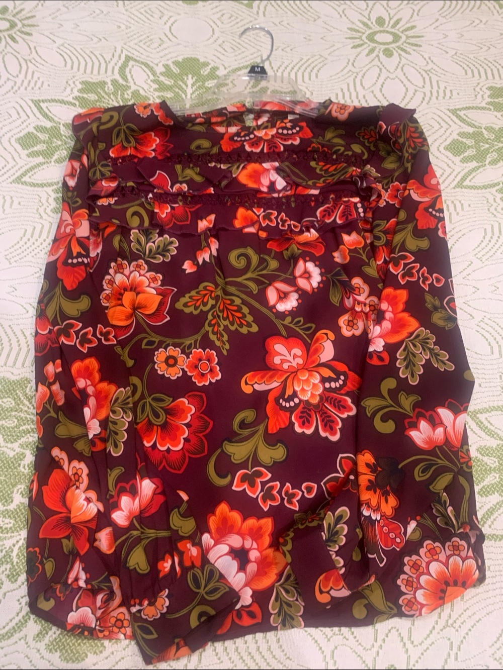LOFT Burgundy Floral Blouse with Orange and Green Print